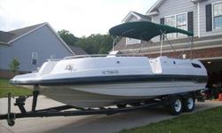 1996 25' Chaparral Sunesta 250 deck boat with dual axle trailer. It has a 5.7 Mercruser with 250hp, alpha one outdrive with stainless steel prop, new interior, power steering and tilt, porta potty, sink, bimini top, dual batteries with charging station +