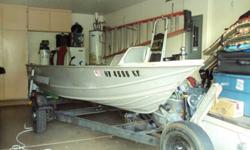 Up for sale is a 14' Gregor all welded aluminum boat in great condition. Complete with 3 swivle seats, a 15hp power Mercury 4 Stroke Motor with electric start, 6-gallon gas tank. Also includes a trailer with 13" wheels (an extra pair of 8" wheels), a 30lb