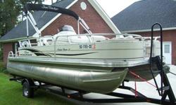 2010 Sun Tracker Fishing Barge 21, Mercury 90 HP ELPT motor (approx. 25 hrs.), Tracker trailer, 50 lb. thrust foot controlled Minnkota trolling motor, Hummingbird fish finder, on-board charging system, excellent condition, under warranty. Call