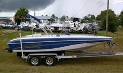 For sale is a Tahoe 202 Deckboat in amazing shape. Powered by a 5-liter Mercruiser 8 cyl, which runs great as well. Lots of room in this boat, with a max cap of 11 passengers! Nice aluminum trailer with brand new aluminum wheels and tires! This boat has