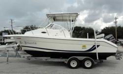 2001 Cobia 250 WALKAROUND 2001 Cobia 250 is a Walkaround. Powered with a single Yamaha SC 250 2 stroke motor with only 584 hours reading on the gauge. Equipped with a t-top, bow rail, marine trailer, cuddy cabin includes head and sink/faucet combo,