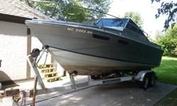 260 V8 Alpha 1 Mercruiser (engine runs, but has a broken rocker arm stud / outdrive has been rebuilt)Fully rebuilt ignition system 2015Boat has some stress cracks and seat vinyl is torn on each seat.Bimini top and toilet includedTeak was restored in 2015