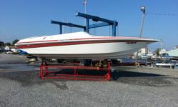 Boat is in excellent condition, hull, interior and cabin. Original red and black hull graphics. Windshield was painted and updated to match boat with "Fountain" logo, also updated white rub rail. Original white, red, black and grey interior is in great