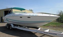 The hull is very solid, appears dry and will buf to an excellent shine. Bottom paint needs redone,see photos. Both motors start and run with good oil pressure and run smooth. Both drives shift smooth. I would recomend servicing both motors and drives