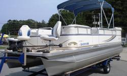This 2008 Avalon Fish and cruise pontoon boat is in great shape and only has 30 hours on a 90hp Evinrude Etec outboard motor. The boat has a full mooring cover, full vinyl floor, twin fishing seats up front on a huge front deck, trolling motor, dual