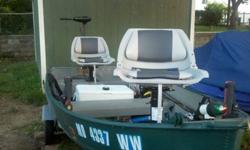 12ft semi V Jon Boat with title, absolutely NO leaks. Great boat for Crappie or Bass fishing on smaller lakes and rivers. Includes many extras; working mercury 6hp motor with title and gas tank and hose, trailer with winch & brand new submersible lights