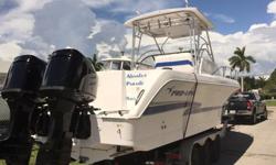 this one owner vessel has everything you need and powered by twin 225 optimax long shafts with only 386 hours on the hull and engines.. Full 4 sleep cabin, Ac, generator, Garmin 741 GPS , out rigger, Fiberglass Full T top. Compression is perfect across