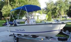 I HAVE A REALLY NICE VERY WELL KEPT AND MAINTAINED PALM BEACH CENTER CONSOLE FISHING BOAT , A TURN KEY WITH EXTRAS, THIS IS A 16 FOOT THAT HAS A LIFE TIME WARRANTY AS IN THE PICTURES, THESE ARE BULT FOR PALM BEACH BY KEY LARGO, THE VERY SAME BOAT JUST A