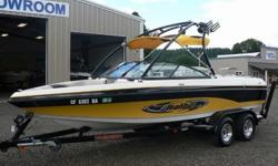 Just in. Bumble bee black and yellow beauty with just 203 hrs. Redesigned in 2005 this Malibu V ride has a wider beam and styling. Wrap around V drive seating for 10. High back factory tower with surf and wake board racks. Great surf or wake board boat