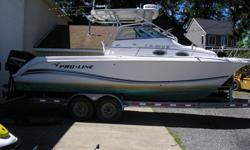 We have a Nice fishing rig here. Powered by twin 150 Mercury Optimax outborads. This boat comes with a Raymarine E120 chart plotter and radar, Raymarine autopilot, and 2 out riggers. In the cabin you will find a head with sink and porta potty, galley with