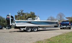 She is 24.5 feet overall and powered by the SuzukiÂ® 300Hp 4 stroke V6 already conditioned with engine corrosion guard recommended by certified Suzuki technician at 20 hours. The boat has a list of additional options like: Gel Coat Two Tone Blue and White