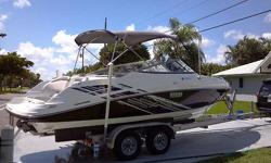 Has vhf radio, garmin gps. starboard motor has 900 hrs. Port side has a few houndred from sbt. Port side motor has 3 years warranty from sbt.com I have to move soon and will not be boating anymore.The port side motor has a 3 year warranty. The Starboard