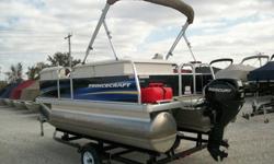 This is a 2011 Princecraft Brio 15 pontoon boat. This boat was originally purchased new from us in 2011 with a 9.9hp engine. Last year the customer upgraded the engine to a Mercury 25HP 4-stroke with fuel injection. The boat is 15' long and has a 7' beam