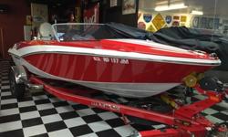 This boat is a limited edition model # 24 of 55 produced, in honor of Glastron's 55th anniversary. With a roadster windshield and racing stripes, Glastron's GT 160 closed bow draws on 40 year old stylish cues. Propulsion is a 115 hp Evinrud ETEC engine.