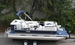 It is a 20 ft Grand Island T series. It is 8 ft wide with 23 inch tubes. This is a beautiful new pontoon boat with 50 oz vinyl seats and alum seat bases with a lifetime warranty. It has a 8 ft bimini-20 oz high grade carpet-built in gas tank-table-cd