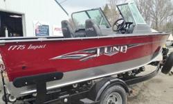 Close to 18 Feet, deep, wide and industry leading rod storage! RED. Includes IPS Hull, Double Plated Construction. Mercury 115 4S Engine, Walk-Thru Windshield, Snap-On Cover, tilt steering, stereo, Roller Trailer, spare tire. Pick your own Fish Finder/GPS
