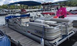 Nice Pontoon boat for sale. 20' very spacious layout with 20hp four stroke Nissan motor, radio/speakers, removable table, newer seats with no rips or tears, brand new snap on cover, Bimini top, and tandem axle trailer. year: 1990Located at marina in