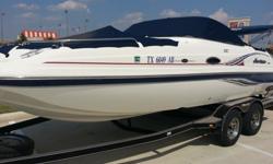 Fun boat for sale and just in time for the hot summer!!! This boat has it all: fish finder, fishing seat, table, bathroom, livewell, custom cover, bow and cockpit custom covers, deck lights, AM/FM/CD stereo, swim platform, bow and stern ladders, dual axle