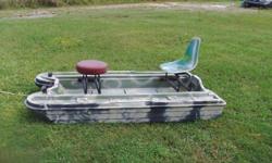 4 x 10 Bass Hunter Boat with Trolley Motor. 2 Swivel seats, 2 Oars, and 1 Anchor Weight. Also has lights on front. Great Boat!! Camo in color.Light Weight!! This is a great buy. Asking for $250.00 OBO. Also trade for equal value. Please Contact Junior or