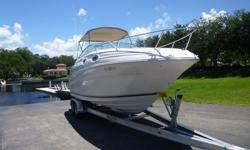 2002 Sea Ray 240 Sundancer in pristine condition with a 5.0 EFI engine with 260 hp and only 350 hours. Perfect family boat. Extended swim platform with Bravo III drive, dry weight 4500 pounds. Port side stand up head has mid-cabin, berth, built in wet