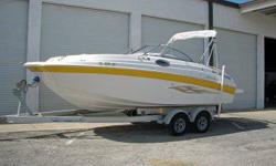 She is powered by a 5.7 MPI Mercruiser Bravo-1 I/O with low Hours, Bimini Top, Depth Gauge, AM/FM CD Player, Pressure Water System, Trim Indicator, Transom Shower-Cold, Driver Captain Seat w/Booster, Passenger L-Shape Lounge w/Transom Entry, Enclosed