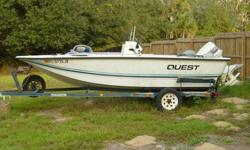 1995 Quest Fishing Boat ? 16'-9", all fiberglass, no carpet, Johnson V4 110 outboard motor , Trailmaster trailer with good tires & spare, livewell, boat is in good condition! Selling for $2,900 obo. 352-669-0000 or 765-720-9710.