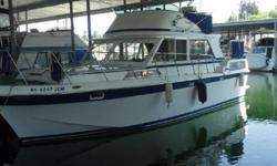 Excellent cruising boat for the Pacific N W. This boat has been kept in good condition. 285 hours on rebuilt engines, rebuilt transmissions, new exhaust, windlass rebuilt, recently repainted, flybridge upholstery replaced or re-upholstered and new bottom
