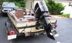 90 horsepower merc, many extras like sking an tubeing set up and tube,great fishing boat very sterdy not shakey smooth ride/with quick silver shifter.and night rigging set up for striper bass. all the flotation devices you'll ever need this is a turn key.