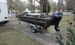 1992 15' FT. DURACRAFT WELDED BOAT WITH A 1996 40 HP EVINRUDE MOTOR WITH ELECTRIC START. HAS NEVER FAIED TO START. IT WILL HOLD 4 PEOPLE OR 550 LBS. IT ALSO HAS A 40 LB. THURST TROLLING MOTORING. OUTLETS ON THE FRONT AND BACK FOR NIGHT LIGHTS. THE BOAT