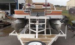 1987 20' BASS BUGGY PONTOON NEW CARPET,NEW FLOOR,GOOD INTERIOR DEPTH FINDER,NEW BIMINI TOP LIVE WELL 2 SWIVEL FISHING CHAIRS IN FRONT WORKING LAMPS ON BOAT FRONT AND REAR,SOME LIFE JACKETS, GREAT TRAILER,WITH WIDE LADDER AND WIRE FLOOR IN FRONT, GOOD JACK