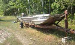 twenty feet Monark flat botton Jon Boat,(6ft wide at top rail, 50 ins wide at bottom ) 25 horse power Mariner outboard engine, New gas tank, Canopy with all riggings. Homemade trailor (heavy duty) with winch, Life jackets and anchor go with this good