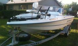 This boat is lake ready! I have two boats and barely enough time to use one. It has a 115 HP Yamaha V4 outboard with a stainless prop in good running condition. The trolling motor is a Motorguide 24 V running off of two new batteries which has no problem