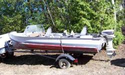 14 FT. ALUMINUM SEA KING FISHING BOAT WITH 15HP. JOHNSON OUTBOARD, AND TRAILER. BOAT HAS WHEEL, MORSE CONTROLS, ROD HOLDERS, AND FISH FINDER. GREAT BOAT FOR FISHING RIVER, OR SMALL LAKES. MOTOR HAS BEEN MAINTAINED, AND STARTED THIS SPRING. ALL FISHING