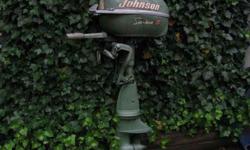 Nice looking, nice condition Classic Johnson five horsepower Twin, as/is. Has good compression and great spark on both cylinders, an excelllent recoil, impeller, and prop. Needs carb work. You can still read all the starting instruction on the front of