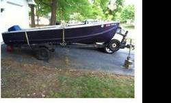 14' Aluminum Vhull fishing boat, motor, and trailer. 1990 Starcraft, 3 bench seats with flotation foam under seat wells. 18" transom. about 4'11" at widest point. nice boat for river fishing or lakes. Covered bow area. Have Titles for boat and trailer.