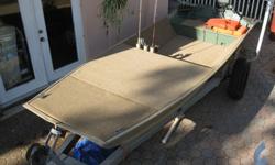 14 Ft OMC JON BOATBuilt for pure fishing, casting platform, rod holders,cleats, anchor, life jackets, 1996 9.9 Mariner Tiller, Aluminum trailer.I put this 14 ft Jon boat together as my personal flats boat. Large casting platform on the front for cast