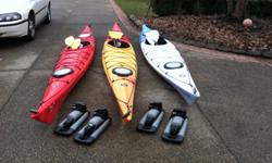 Very gently used, only one summer. Includes 15 foot Perception Expression, 16.5 foot Perception Essence & a 17 foot Perception Essence, each with their own paddle. As the pictures demonstrate each kayak has storage. Skegs are also on each boat. The two